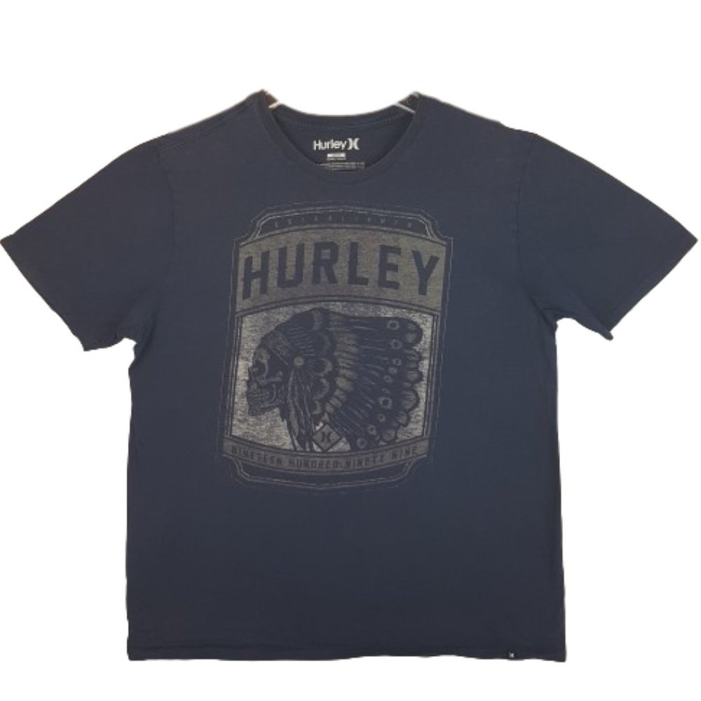 HURLEY Graphic Tee Shirt Large US L Blue Skull Indigenous Headdress Est 1999